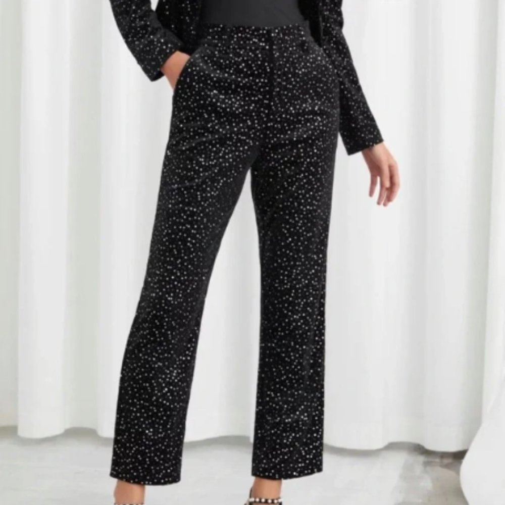 & Other Stories Black Velvet Sequin Glitter Straight Leg Pants Size 2